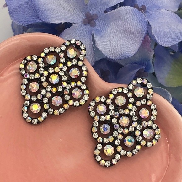 Iridescent Rhinestone Black Formal Fancy Stud Earrings - Picture 1 of 2